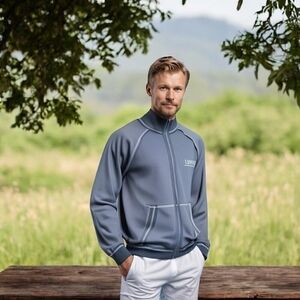 NWT Men’s Tracker Grey Cotton Jacket Zip Up Funnel Neck Contrast Seam Sweatshirt